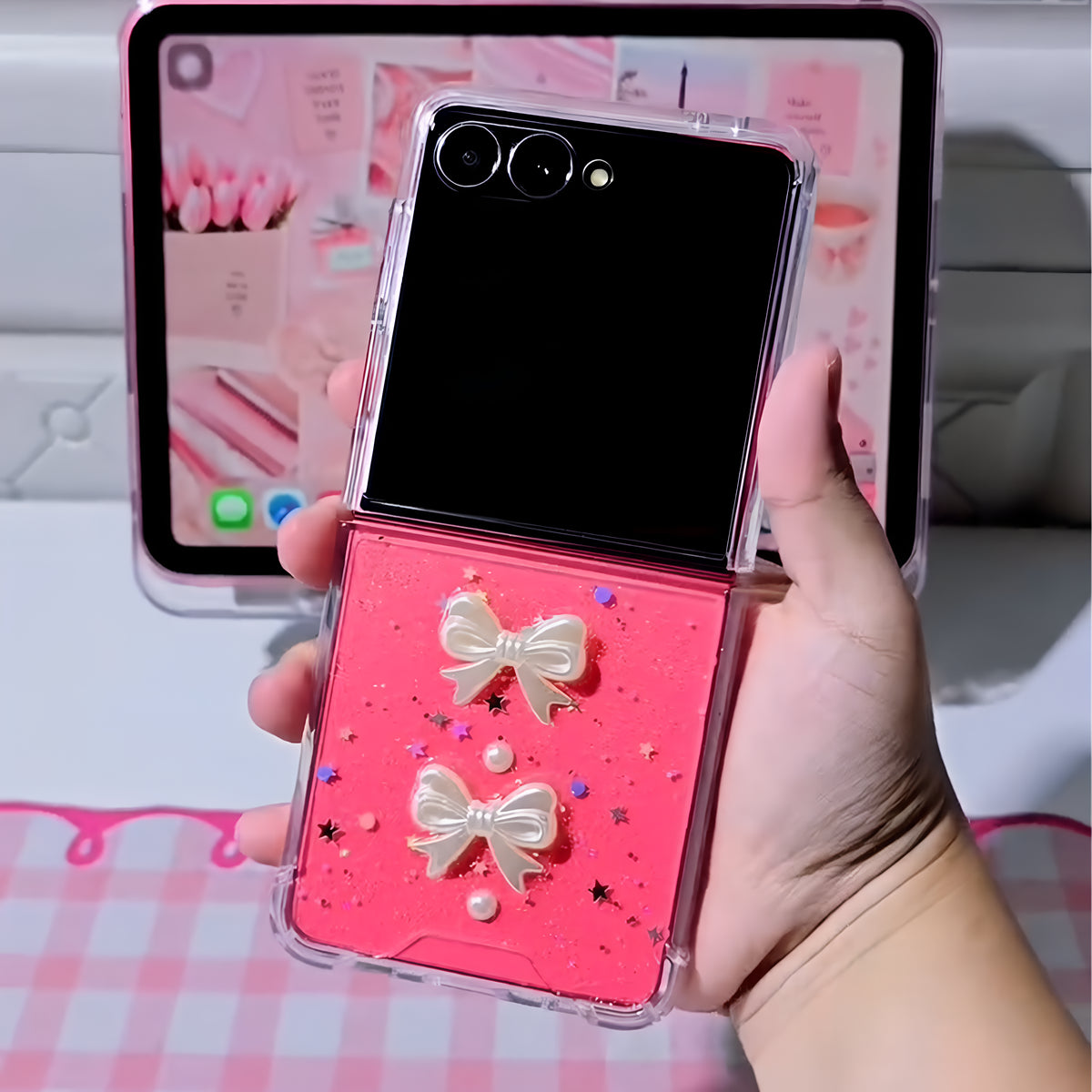 Cute Bow Charm Flip Phone Case